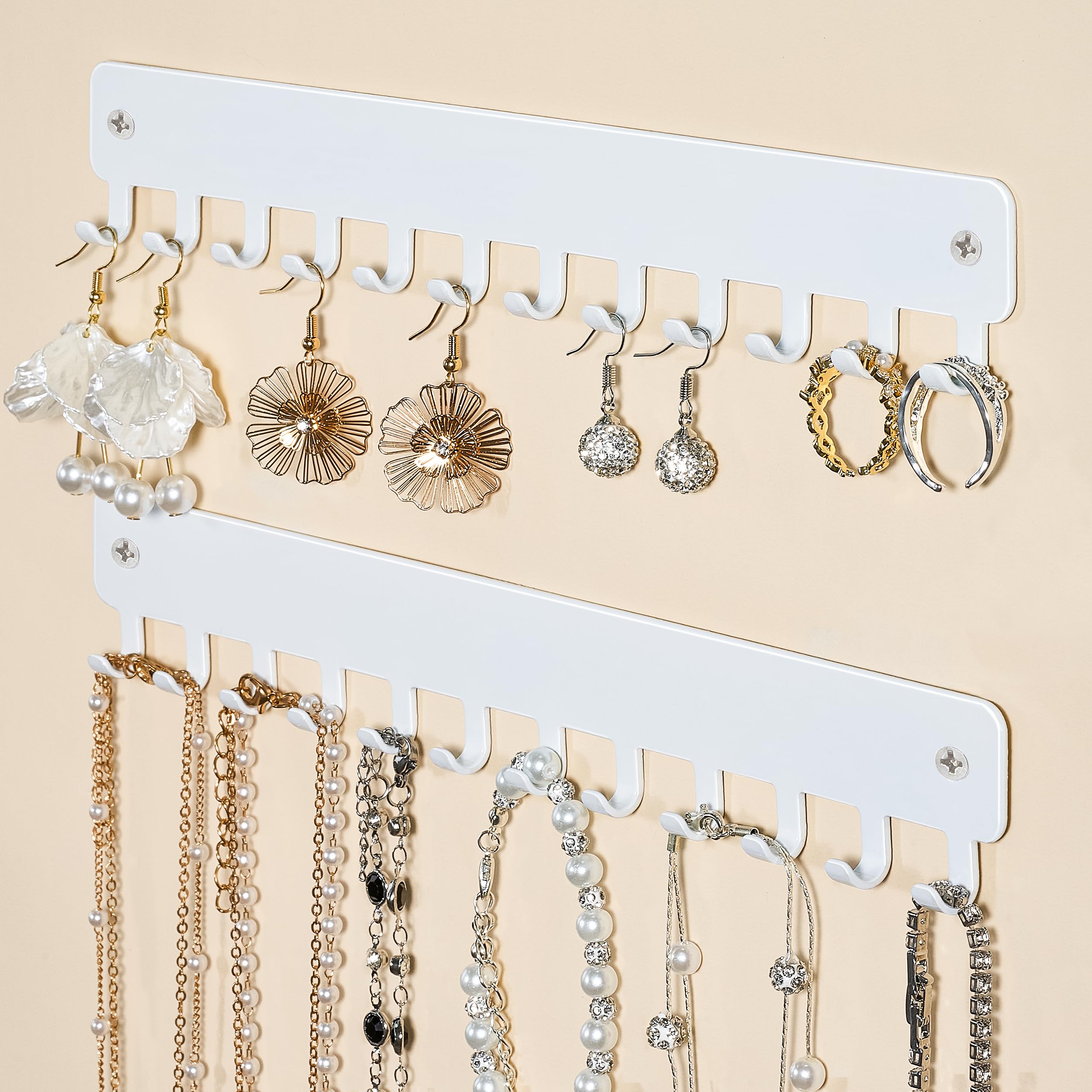 bussdis Drill-In Necklace Organizer: Sturdy Necklace Holder Wall Mounted with Hooks for Tangle-Free Jewelry Storage – Space-Saving Wall Necklace Hanger, White, 2 PCS