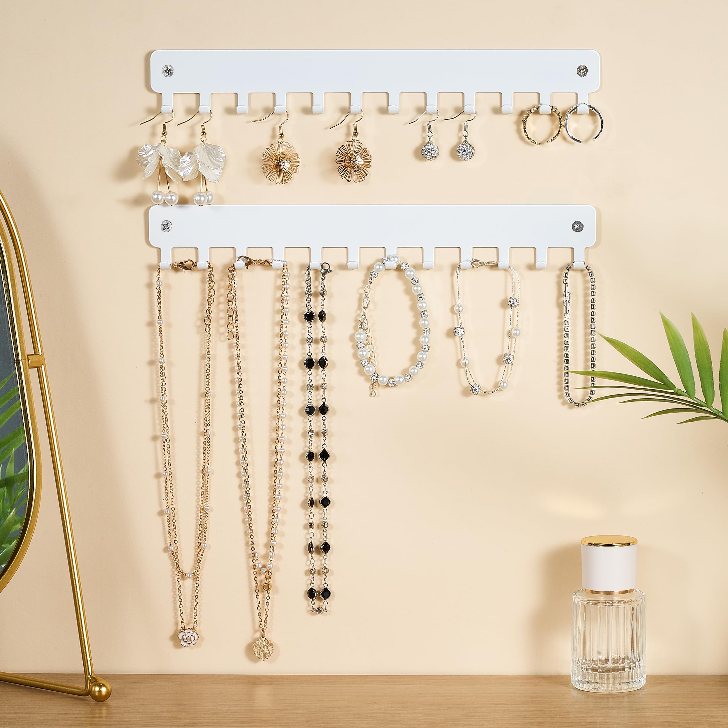 bussdis Drill-In Necklace Organizer: Sturdy Necklace Holder Wall Mounted with Hooks for Tangle-Free Jewelry Storage – Space-Saving Wall Necklace Hanger, White, 2 PCS