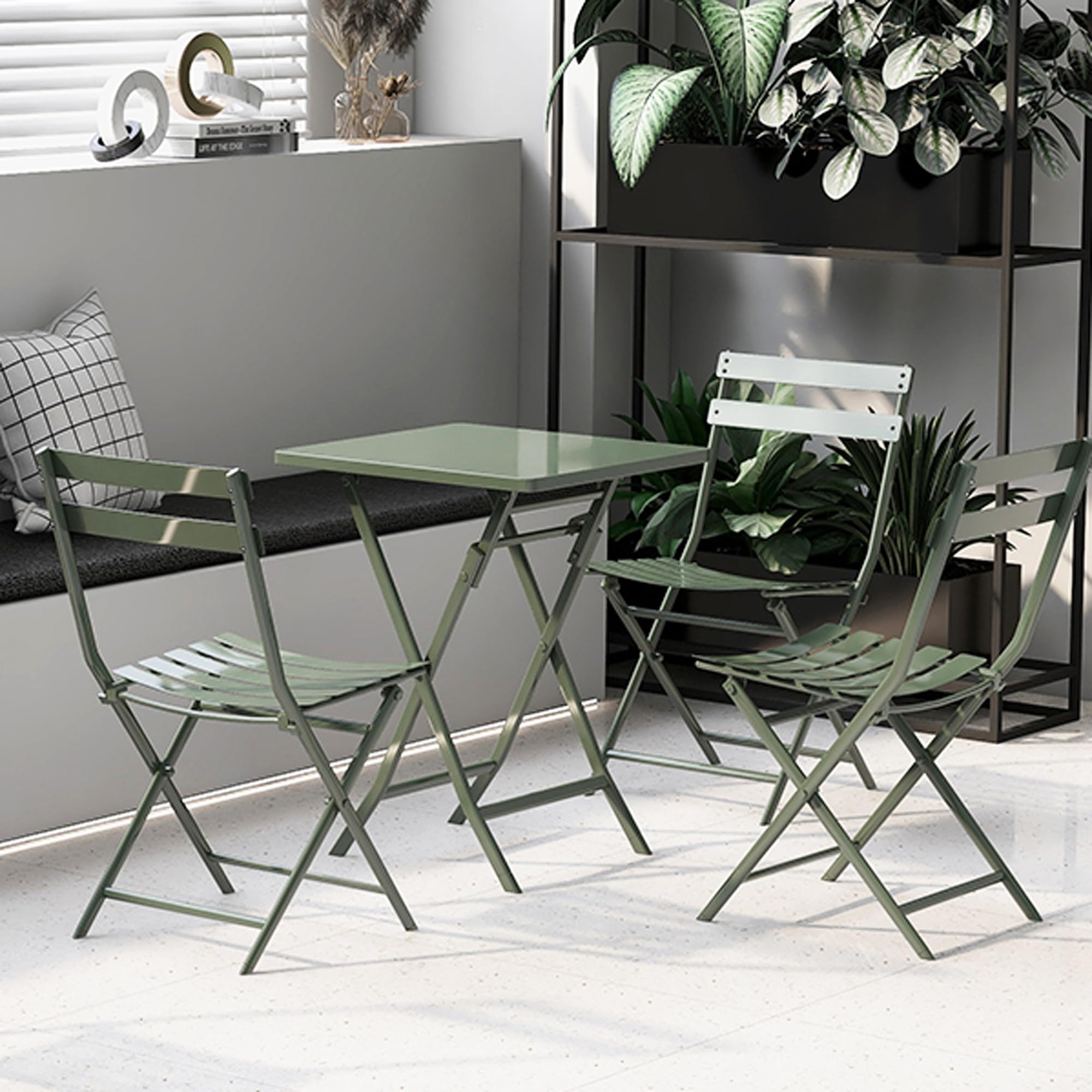 LOPOO 3 Pieces Metal Patio Bistro Set - 1 Square Table and 2 Chairs, Modern Foldable Outdoor Indoor Furniture for Garden, Yard, Balcony, Bar, Cafe, Dining, Dark Green