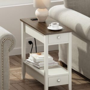 Treocho Farmhouse End Tables Living Room Set of 2, Narrow Side Table with Charging Station, White Sofa Bedside Table for Small Spaces, Living Room, Bedroom