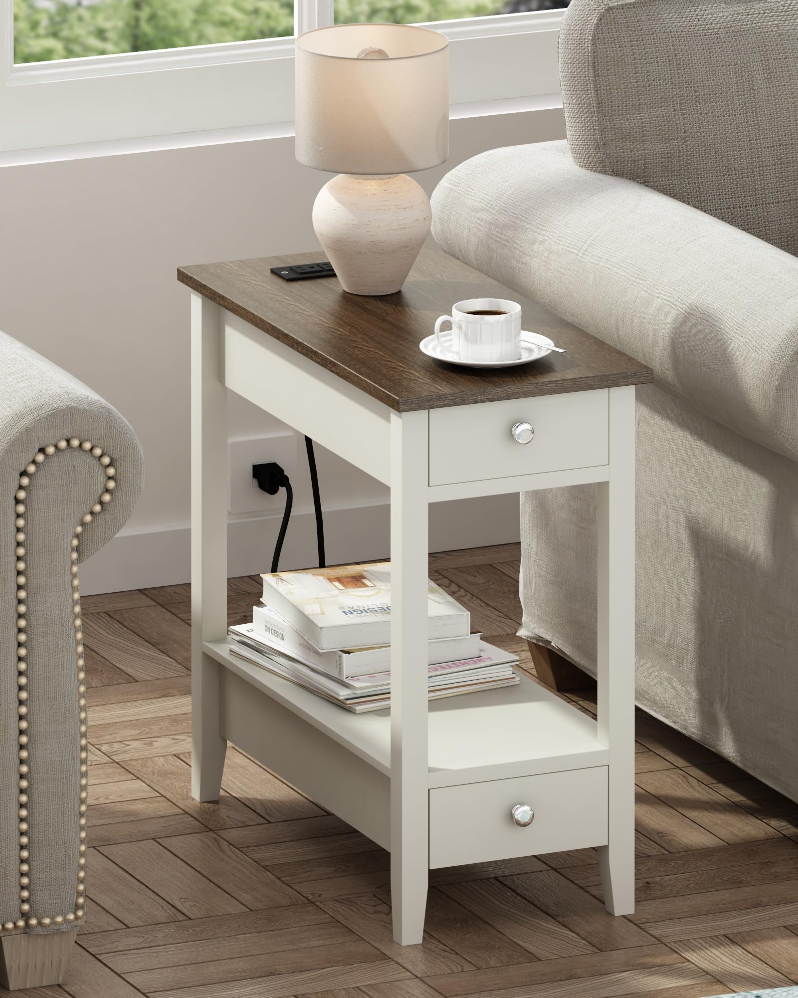 Treocho Farmhouse End Tables Living Room Set of 2, Narrow Side Table with Charging Station, White Sofa Bedside Table for Small Spaces, Living Room, Bedroom