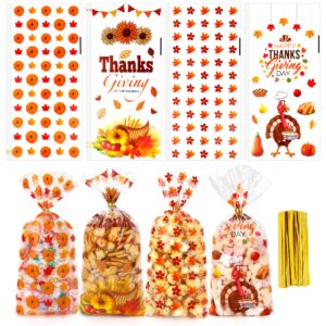 stpiyfzu thanksgiving treat bags, 50 pcs fall cellophane treat bags, pumpkin maple leaf turkeys candy goodie treat bags with twist tie for thanksgiving fall autumn theme party favor bag (4 styles)