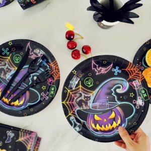 170PC Halloween Party Plates Supplies Kit Glow in The Dark Party Decorations Tableware Set with Disposable Plates,Napkins,Cups,Birthday flag and Touchdown Tablecloth for Holiday Party,Serves 24 Multi