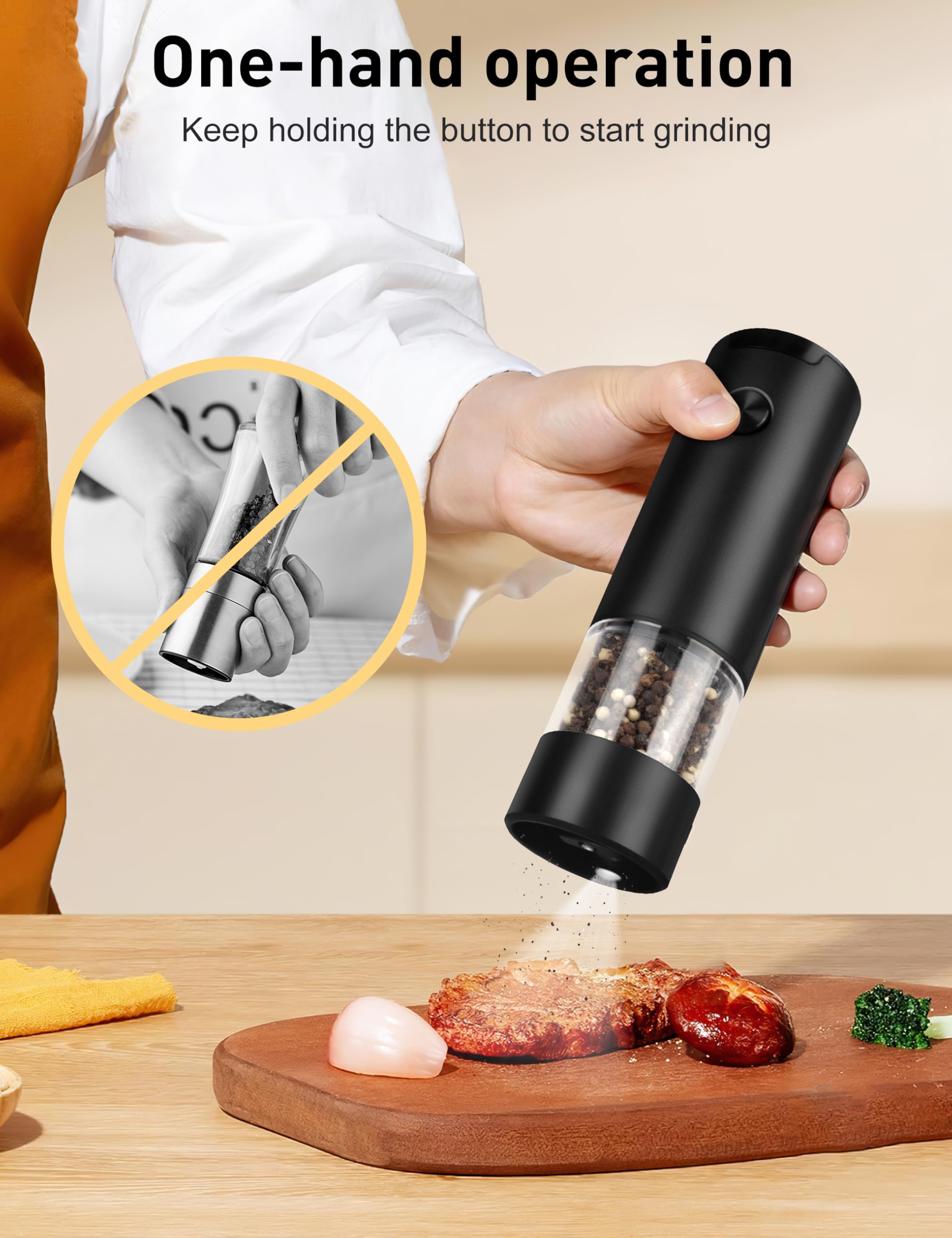 Electric Pepper Grinder or Salt Mill, Battery Powered Automatic Pepper Mill, Ceramic Grinder with Adjustable Coarseness, LED Light, and Salt Mill Refillable, One Hand Operation