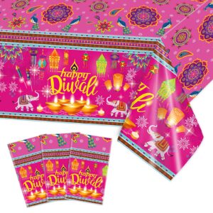 howaf 3 pack happy diwali tablecloth diwali diyas party table cloth festival of lights plastic table cover waterproof pvc disposable tablecloths for indian deepavali favor decorations, 51x86 inch