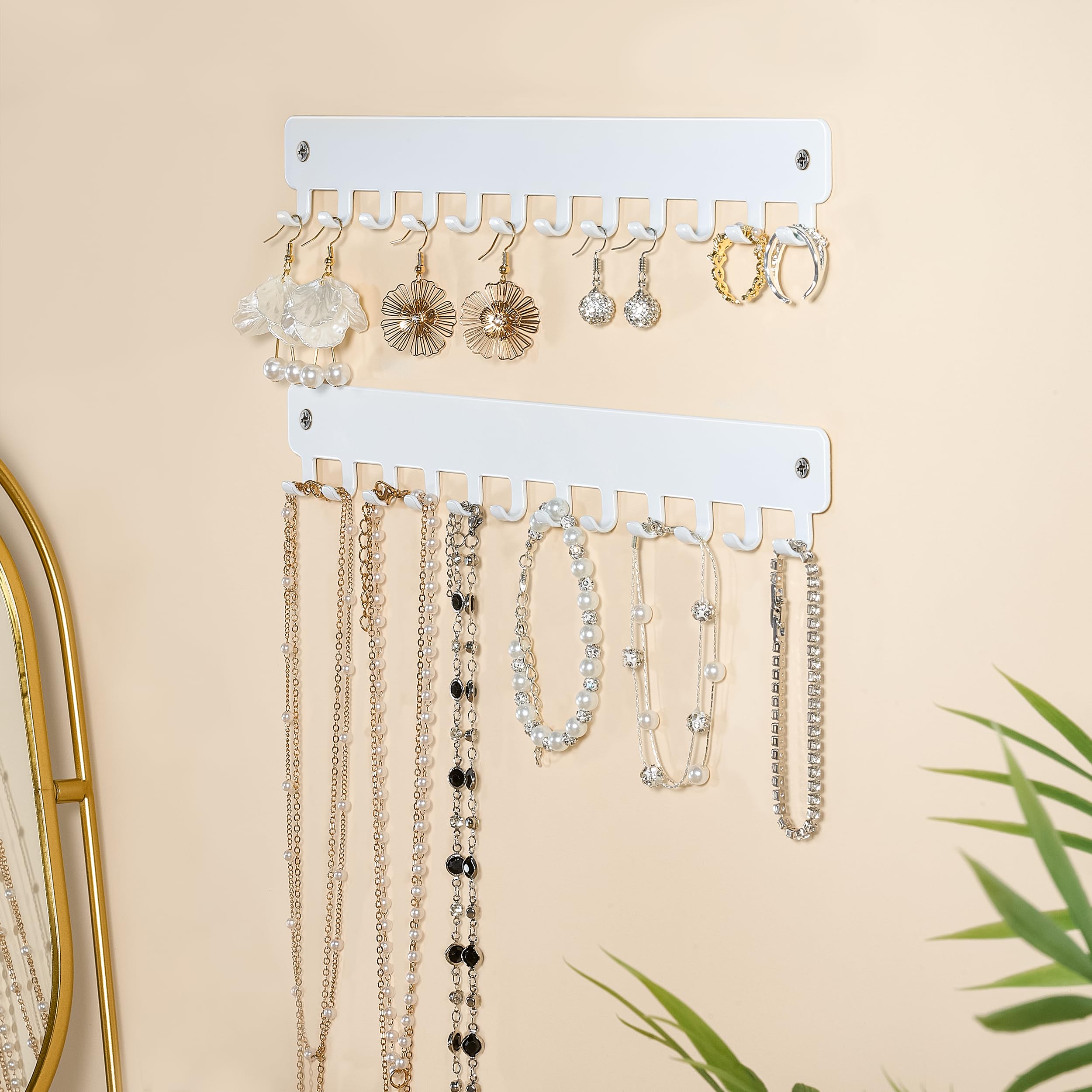 bussdis Drill-In Necklace Organizer: Sturdy Necklace Holder Wall Mounted with Hooks for Tangle-Free Jewelry Storage – Space-Saving Wall Necklace Hanger, White, 2 PCS