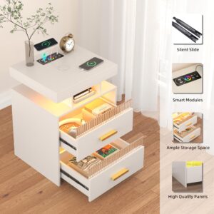 Nightstand with Charging Station, Modern Night Stand with 2 Drawers, Bedside Table with 24 Colors LED Lights and Human Sensor for Bedroom/Livingroom(White)