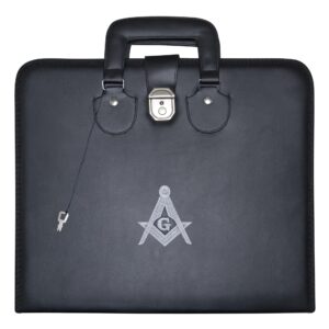 masonic master mason apron case – machine embroidered (black leather), mm provincial size | freemason carrying bags (silver emblem)