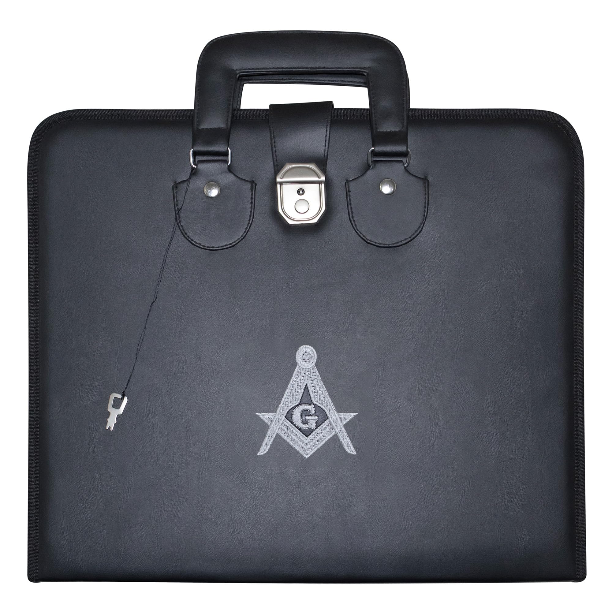 Masonic Master Mason Apron Case – Machine Embroidered (Black Leather), MM Provincial Size | Freemason Carrying Bags (Silver Emblem)