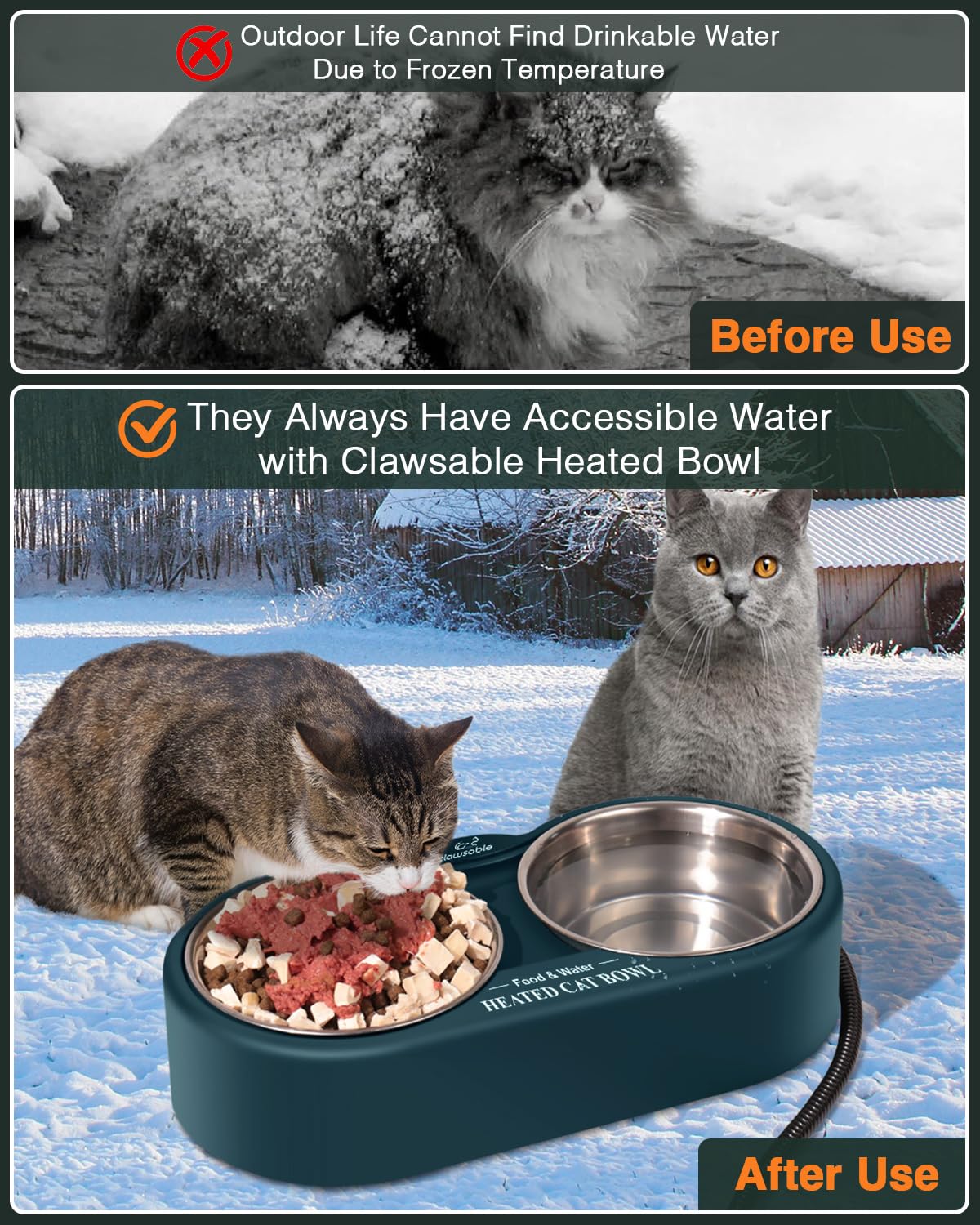 Clawsable Heated Water Bowl for Outdoor Cats with Removable Stainless Bowls, Coldproof & BPA Free, Waterproof Heated Pet Bowl Heater for Chickens Rabbit, Heated Bird Bath for Winter (27 oz)