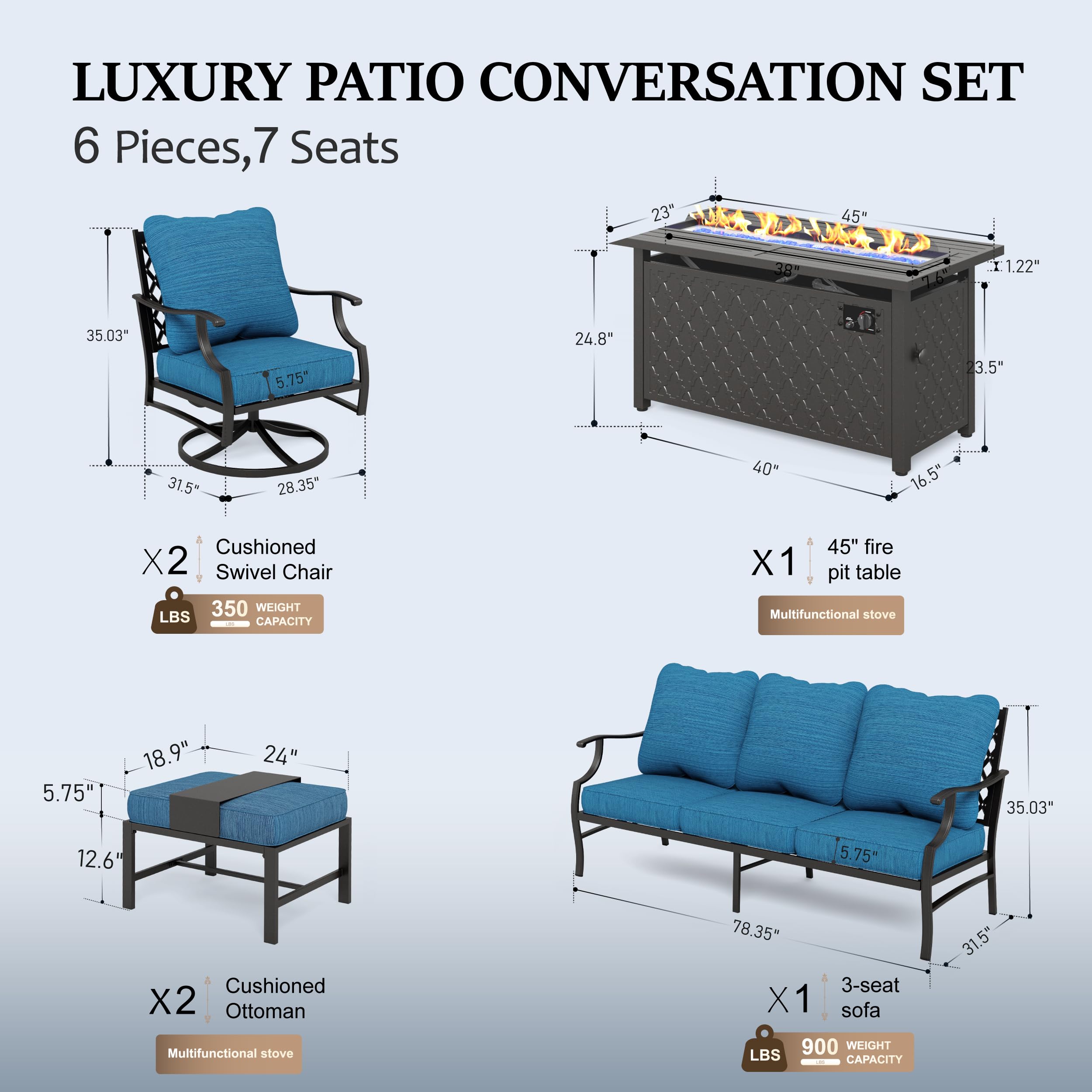 HERA'S HOUSE 6 Pieces Patio Furniture Set with Fire Pit Table, 2 x Swivel Chair, 2 x Ottoman, 3-Seat Sofa with 45" Fire Pit Table, Outdoor Conversation Set for Garden Poolside Backyard, Pacific Blue