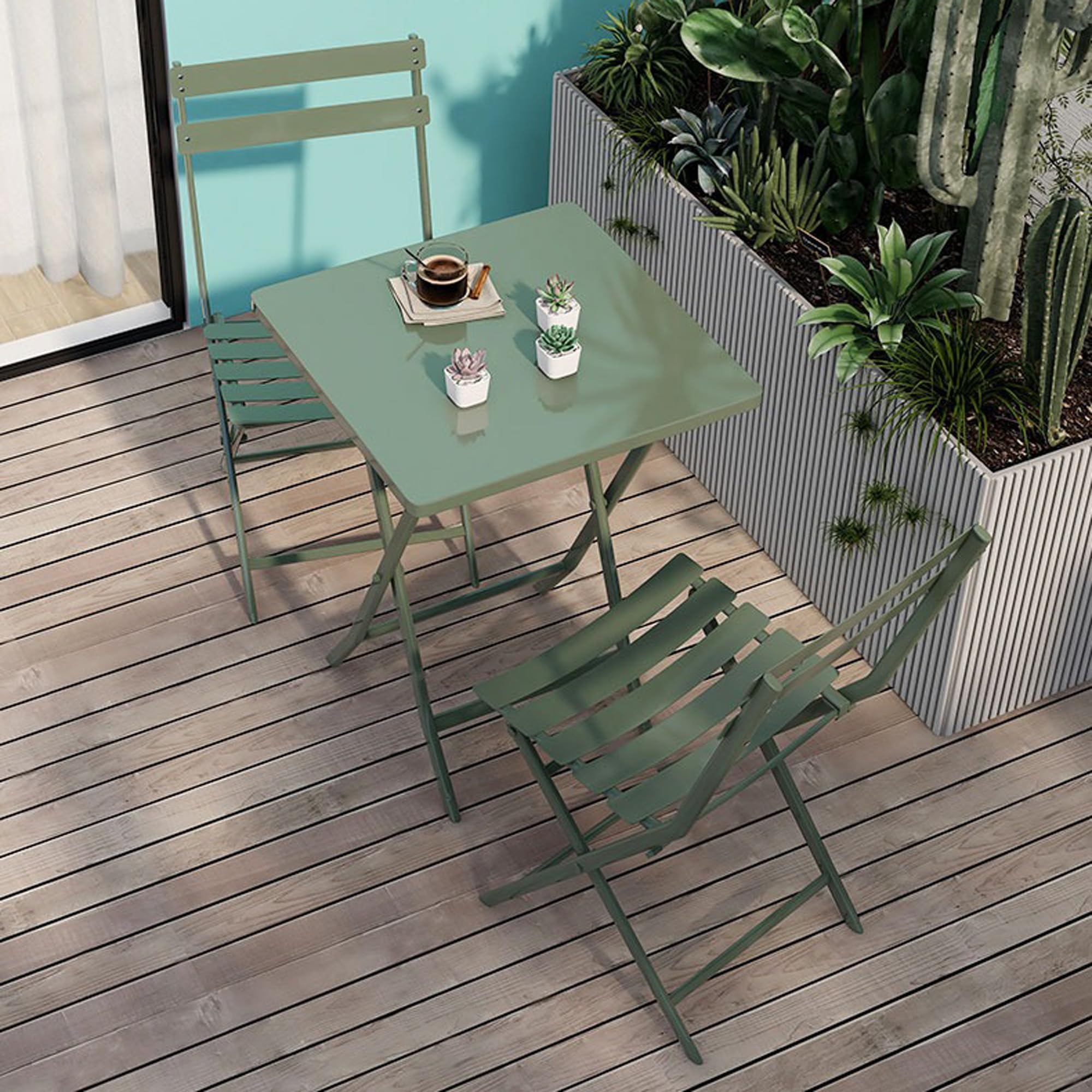 LOPOO 3 Pieces Metal Patio Bistro Set - 1 Square Table and 2 Chairs, Modern Foldable Outdoor Indoor Furniture for Garden, Yard, Balcony, Bar, Cafe, Dining, Dark Green