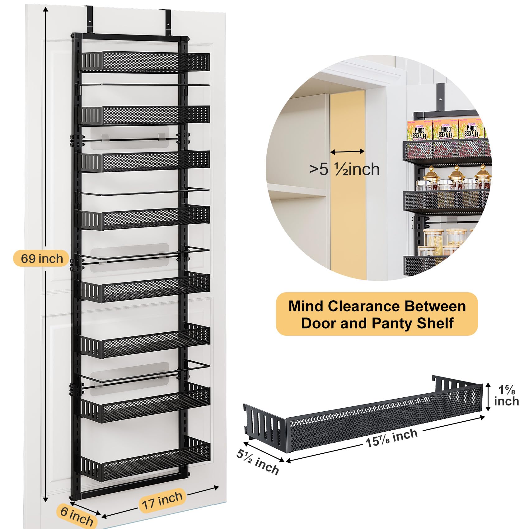 Over the Door Pantry Organizer - 8 Tier Adjustable Pantry Door Spice Organizer, Large Capacity Hanging Door Spice Rack for Kitchen Pantry Organizers and Storage (Black)