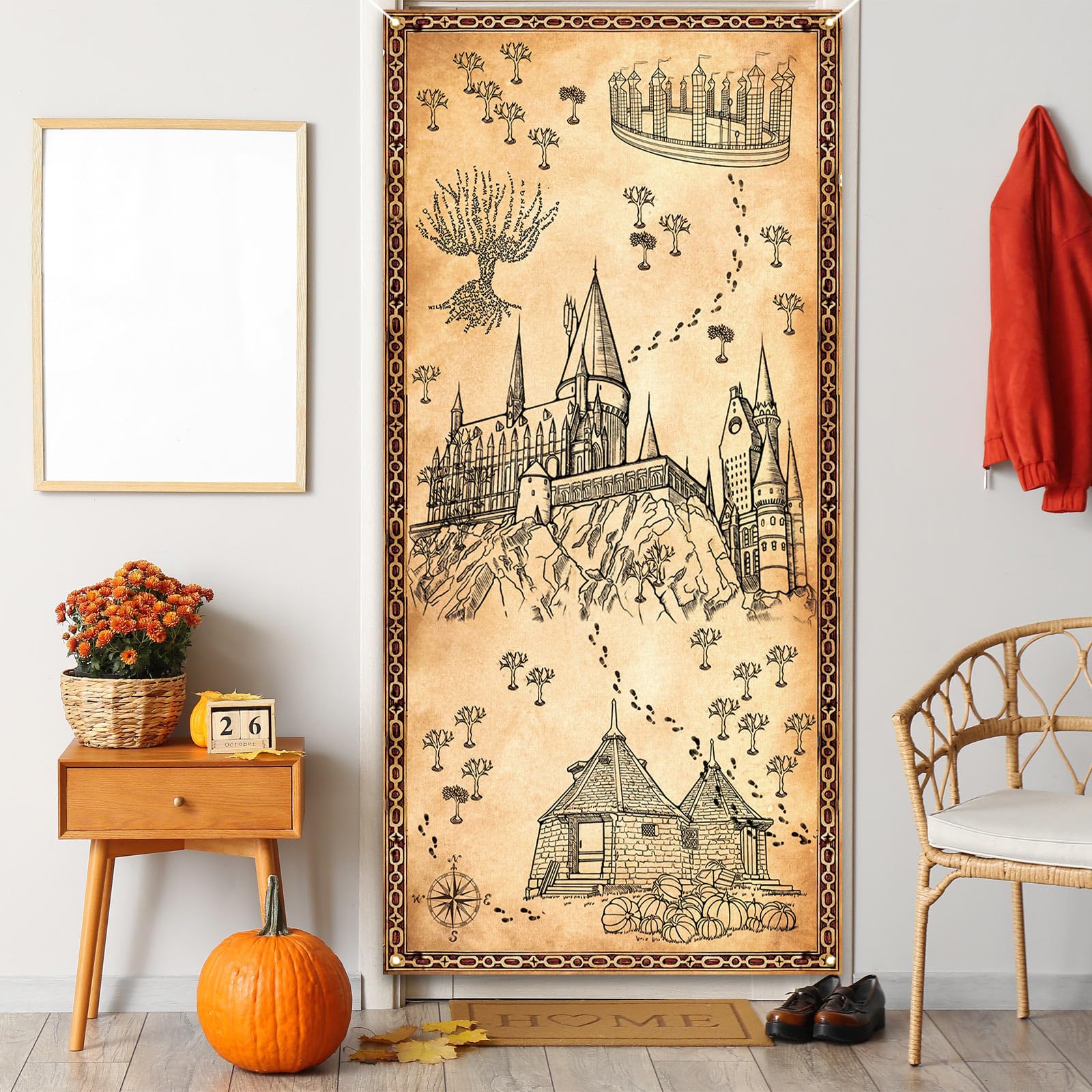 Magical Witch Wizard Halloween Door Cover Hogwarts Photo Backdrop Halloween Birthday Party Decorations and Supplies for Home