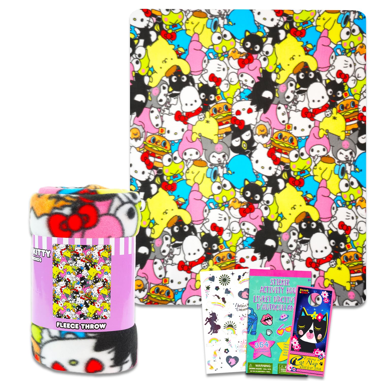 Hello Kitty and Friends Fleece Blanket Set for Kids - Bundle with Hello Kitty 45x60 Blanket, Tattoos, Sticker Book, More | Hello Kitty Throw Blanket for Boys, Girls (Hello Kitty Gift Set)