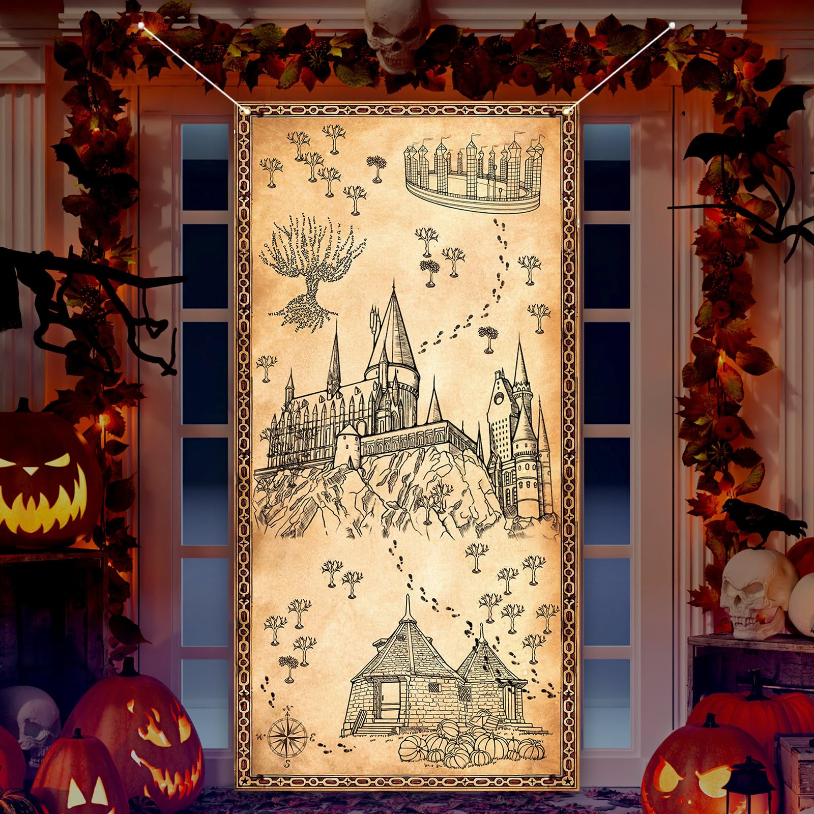 Magical Witch Wizard Halloween Door Cover Hogwarts Photo Backdrop Halloween Birthday Party Decorations and Supplies for Home