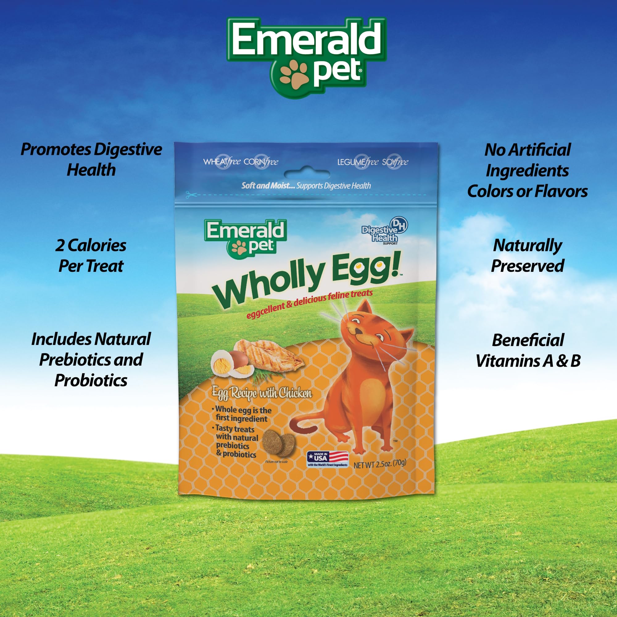 Emerald Pet Wholly Egg Digestive Health Cat Treats - Soft and Moist cat Treats for Healthy Digestion - Natural Prebiotics and Probiotics for cat Digestion - Chicken Treats, 2.5 oz