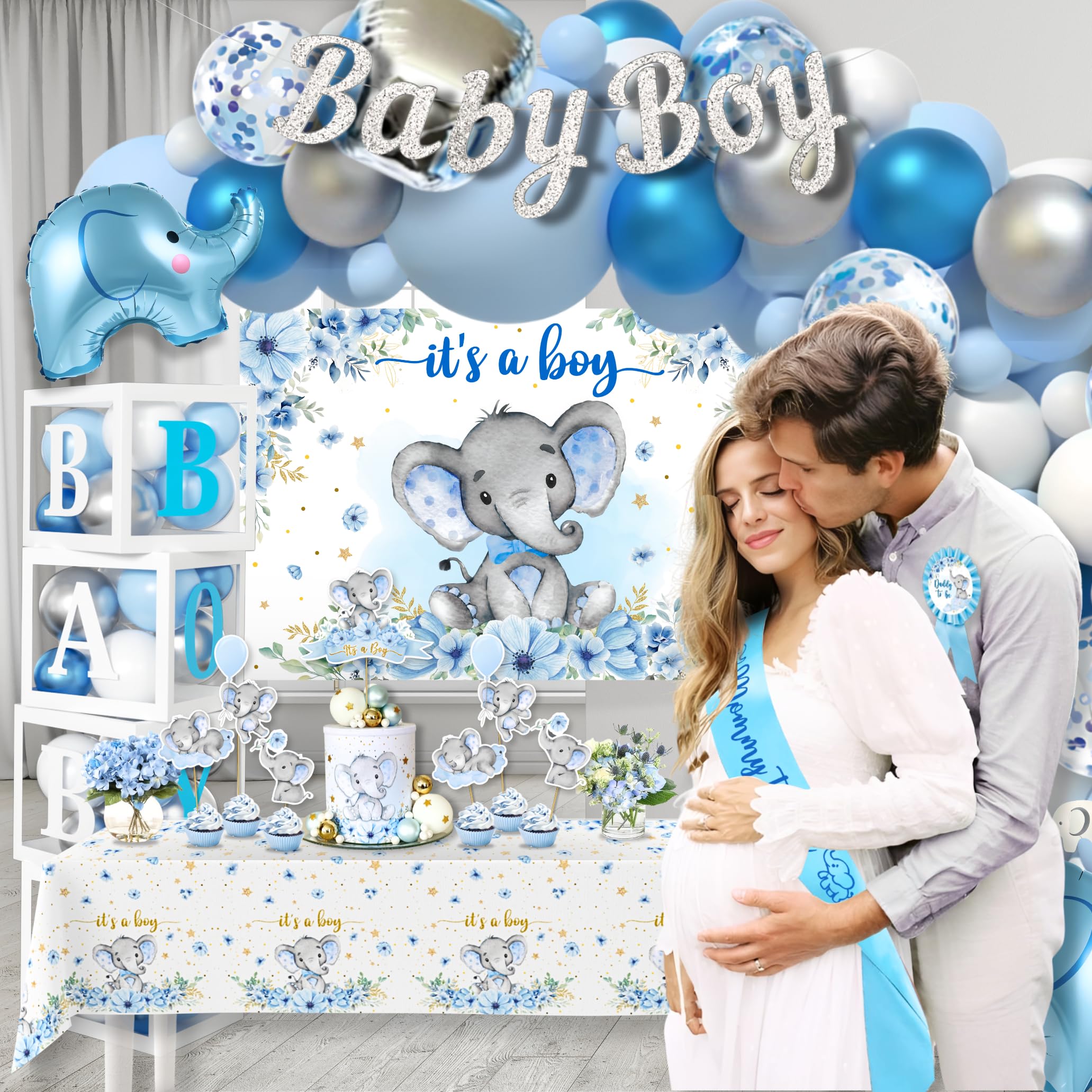 187 pc Premium Elephant Baby Shower Decorations for Boy - Balloon Garland Arch, Balloons Boxes, Baby Boy Banner, It's a Boy Backdrop, Mommy to Be Sash, Tablecloth, Elephant Cutouts and more