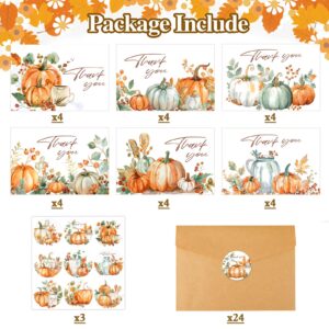 Konsait Pumpkin Thank You Cards, 24 Pack Watercolor Pumpkin Fall Thank You Cards with Envelopes and Stickers, 6 Design Bulk Thank You Cards for Thanksgiving Baby Shower Wedding