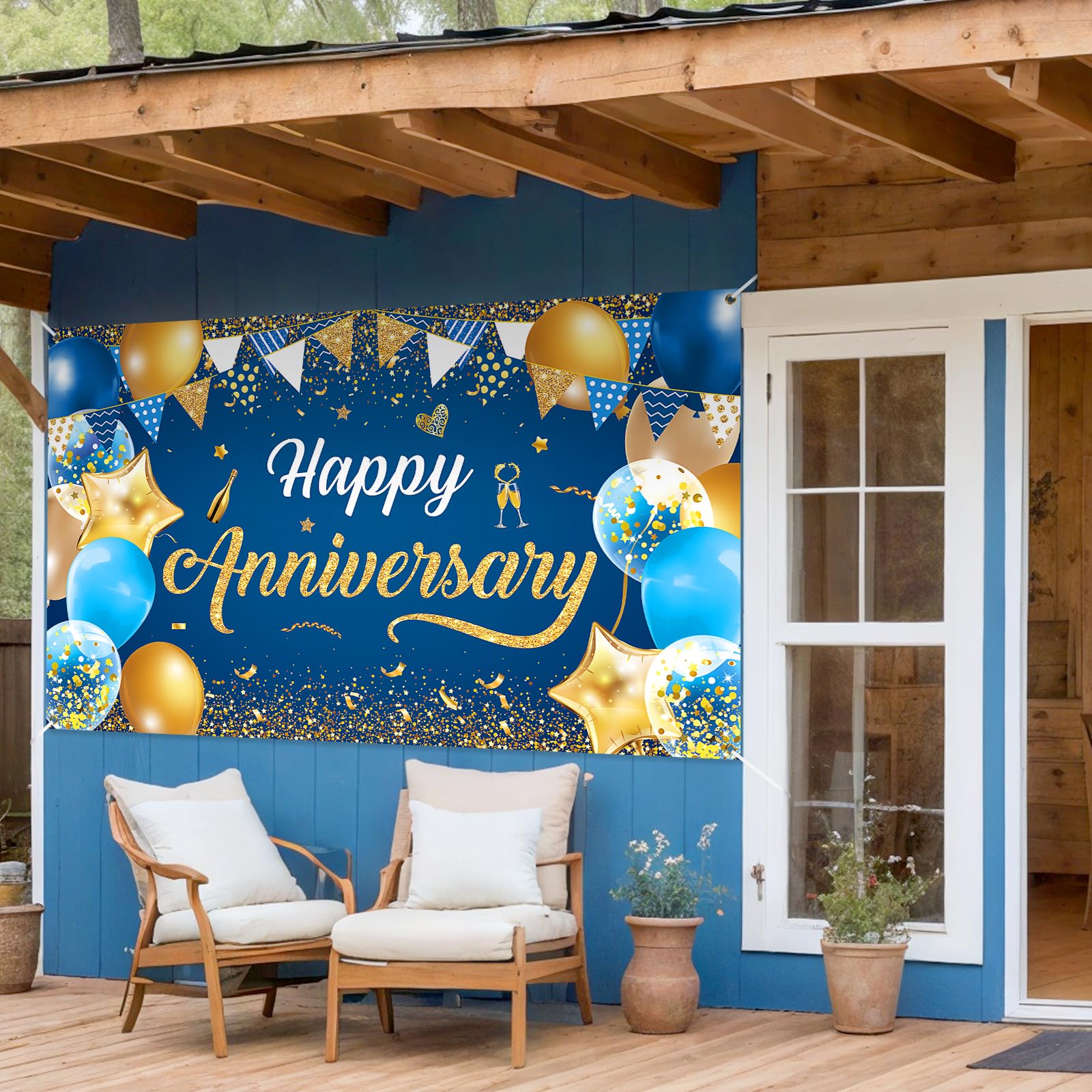 Blue Happy Anniversary Decorations Banner | Navy Blue Gold Happy Anniversary Backdrop | Happy Anniversary Sign for Women Men Wedding Anniversary Decorations Party Poster Supplies Decor 72.8x43.3 Inch