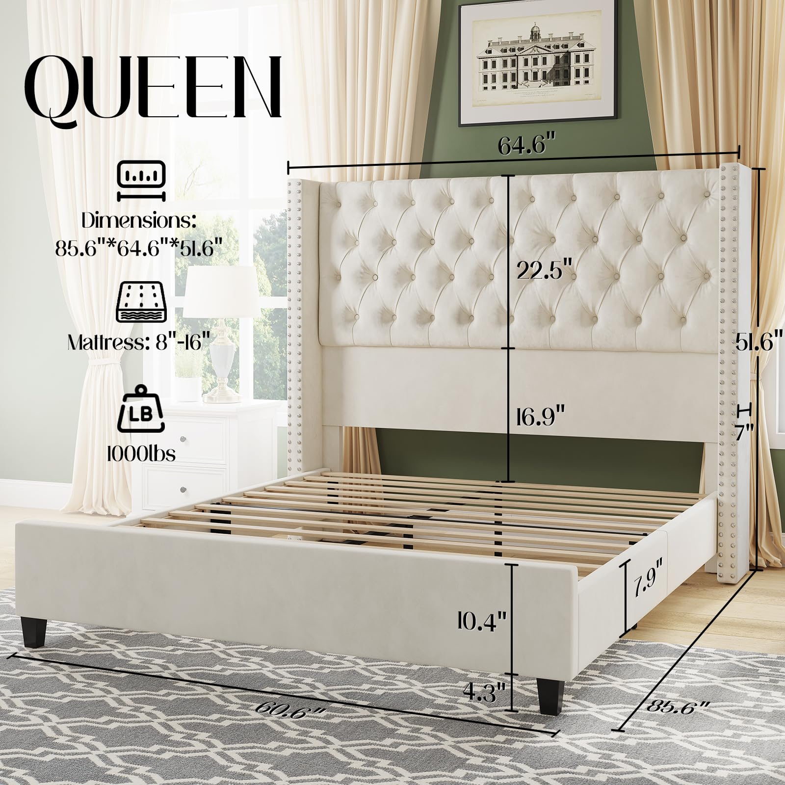 Jocisland Queen Size Bed Frame Velvet Upholstered Platform Bed with 51.6" Tall Wingback Headboard Deep Button Tufted, No Box Spring Needed, Cream