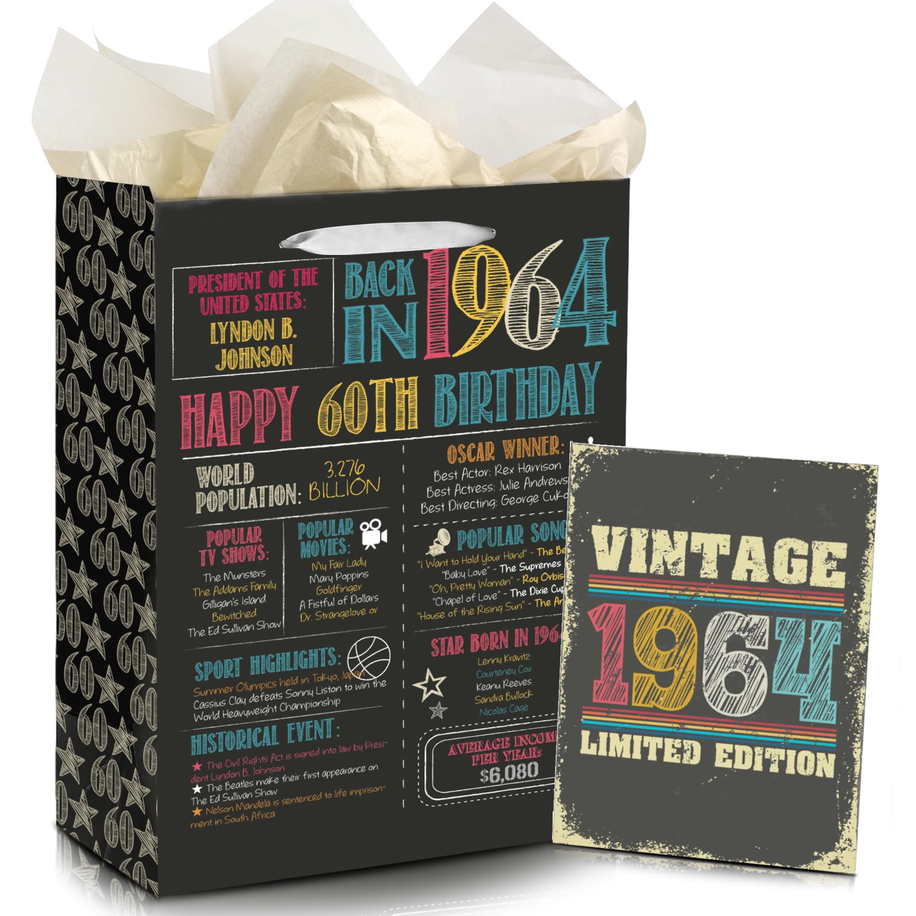 KARAQY 60th Birthday Gift Wrap Bag with Card and Tissue Paper, Vintage 1964 Gift Bag with Birthday Card and Tissue Paper for Men Women 60th Birthday Party Supplies