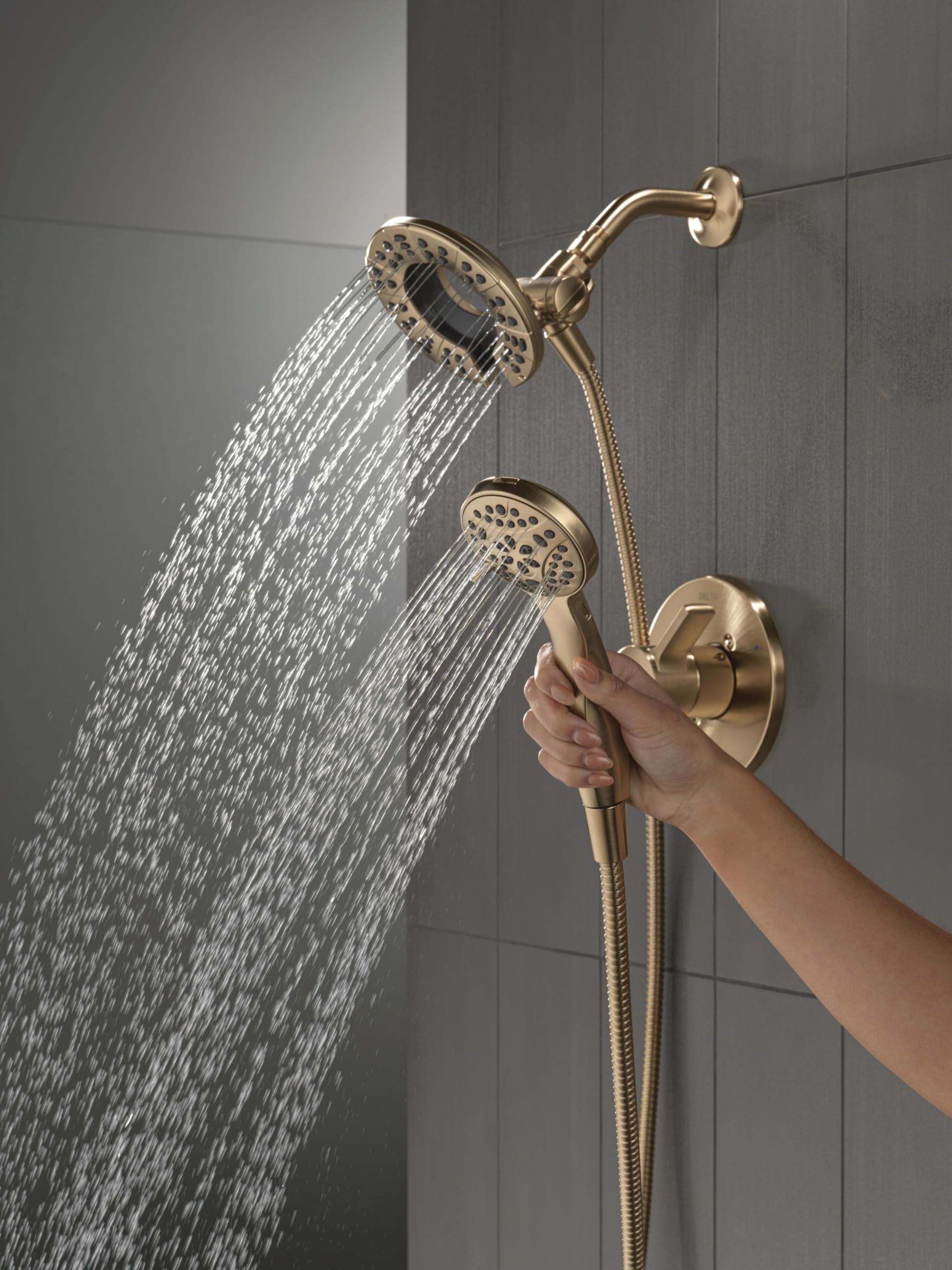 Delta Faucet Albion 14 Series Single-Handle Shower Faucet, Gold Shower Trim Kit with 4-Setting In2ition 2-in-1 Dual Hand Held Shower Head with Hose, Champagne Bronze T142855-CZ-I (Valve Not Included)