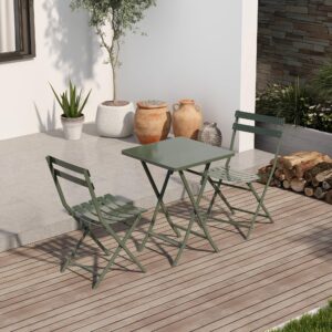 lopoo 3 pieces metal patio bistro set - 1 square table and 2 chairs, modern foldable outdoor indoor furniture for garden, yard, balcony, bar, cafe, dining, dark green