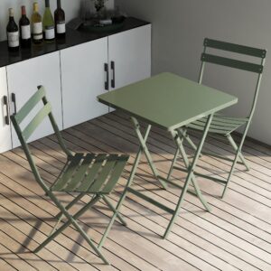 LOPOO 3 Pieces Metal Patio Bistro Set - 1 Square Table and 2 Chairs, Modern Foldable Outdoor Indoor Furniture for Garden, Yard, Balcony, Bar, Cafe, Dining, Dark Green