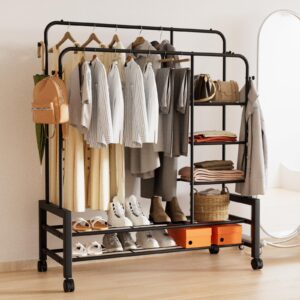 S&R PLKOP Double Rods Mobile Clothing Rack Heavy Duty Garment Rack for Hanging Clothes, 4 Side Hooks, Black, Clothes Racks for Hanging Clothes Multifunctional Bedroom Storage