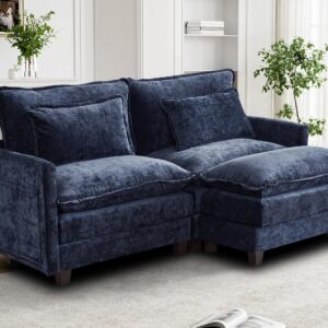 IPKIG 77.5" Sectional Sofa Comfy Cloud Couch - Chenille Fabric L Shaped Couch with Ottoman, Side Pocket and Pillows, 2 Seater Sectional Couches for Living Room Apartment Studio, Blue