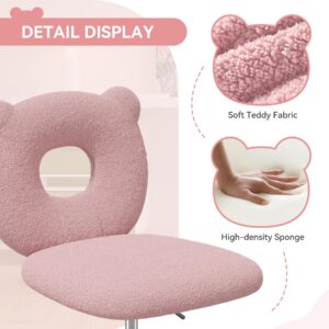 Nebuaegis Bear Kids Desk Chair with Wheels& Back, Adjustable Armless Child Study Chair, Cute Teddy Fabric Office Chair, Vanity Makeup Chair for Girl & Lady in Bedroom Reading Living Room,Pink