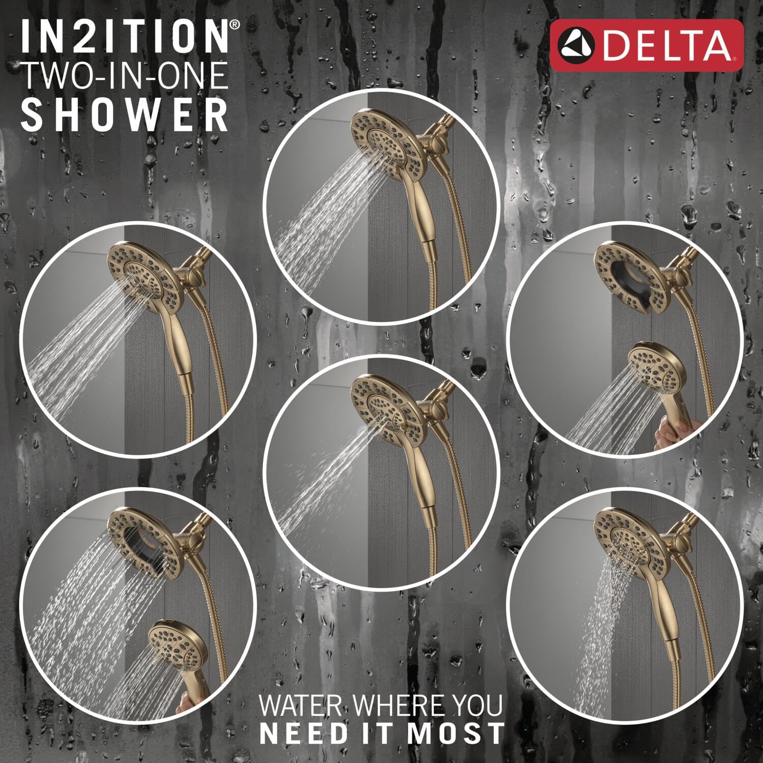 Delta Faucet Albion 14 Series Single-Handle Shower Faucet, Gold Shower Trim Kit with 4-Setting In2ition 2-in-1 Dual Hand Held Shower Head with Hose, Champagne Bronze T142855-CZ-I (Valve Not Included)