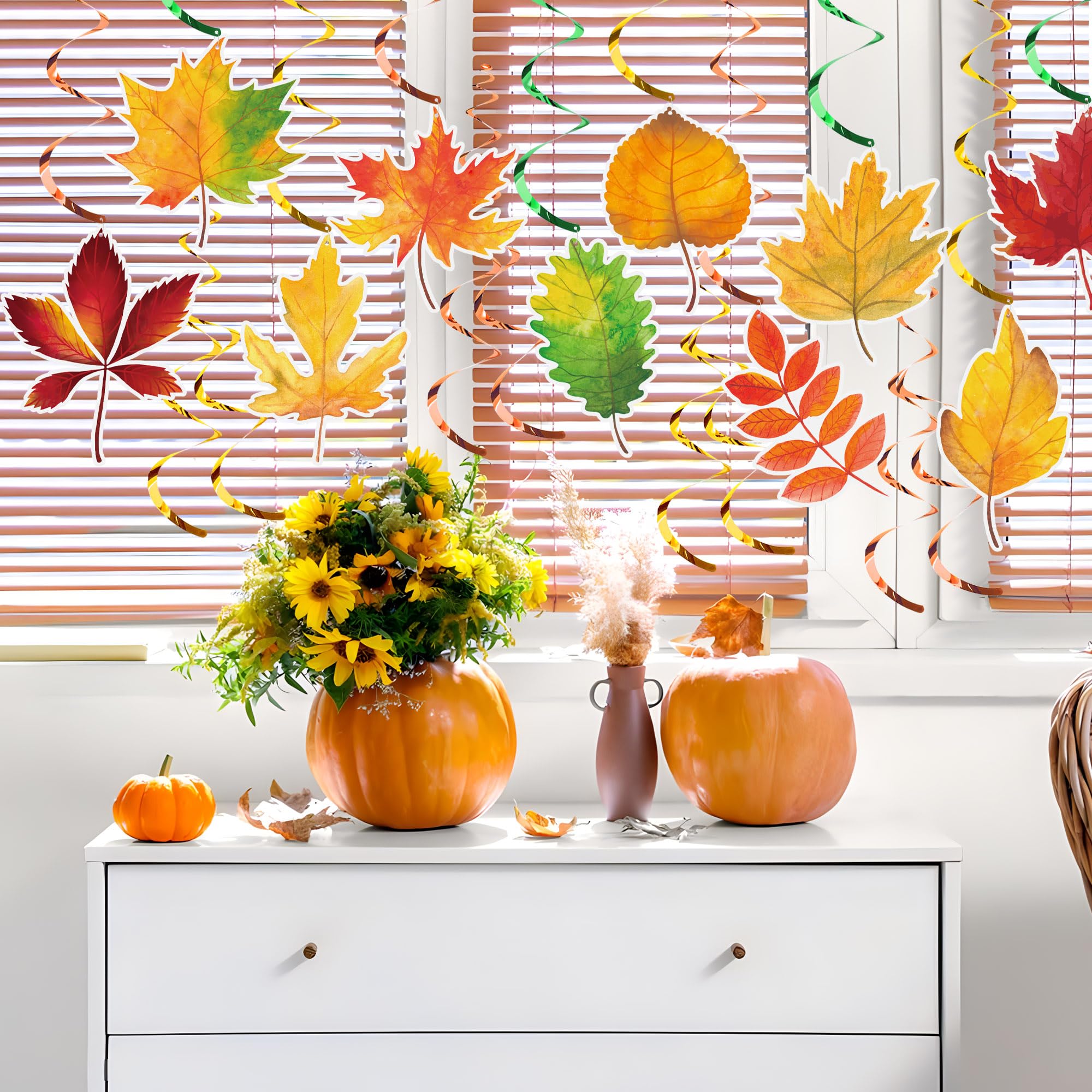 30 Pcs Fall Leaves Hanging Swirls Thanksgiving Maple Leaf Swirls Streamers Thanksgiving Ceiling Hanging Decorations for Fall Themed Harvest Home Classroom Office Party Supplies