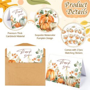 Konsait Pumpkin Thank You Cards, 24 Pack Watercolor Pumpkin Fall Thank You Cards with Envelopes and Stickers, 6 Design Bulk Thank You Cards for Thanksgiving Baby Shower Wedding