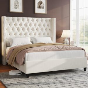 jocisland queen size bed frame velvet upholstered platform bed with 51.6" tall wingback headboard deep button tufted, no box spring needed, cream