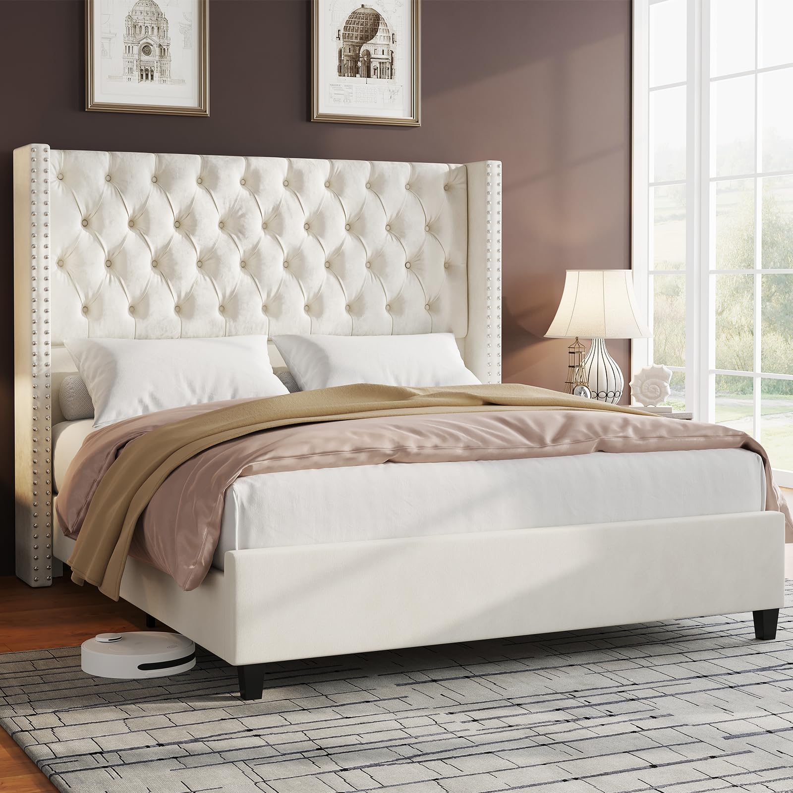 Jocisland Queen Size Bed Frame Velvet Upholstered Platform Bed with 51.6" Tall Wingback Headboard Deep Button Tufted, No Box Spring Needed, Cream