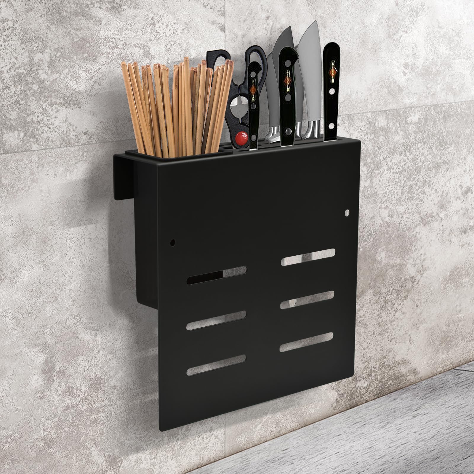 Kitchen Knife Holder Storage Rack, Multifunctional Wall Mounted Tool Storage Rack Kitchen Knife Cutting Board Integrated Rack Wall-mounted Kitchen Storage Organizer (Black)