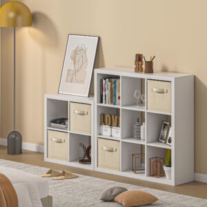 Bookshelf with Storage Bins, 12-Cube Storage Organizer with Back Panels, Modern Wood Open Bookcase, Multifunctional Display Shelf for Living Room, Bedroom, Home Office, White