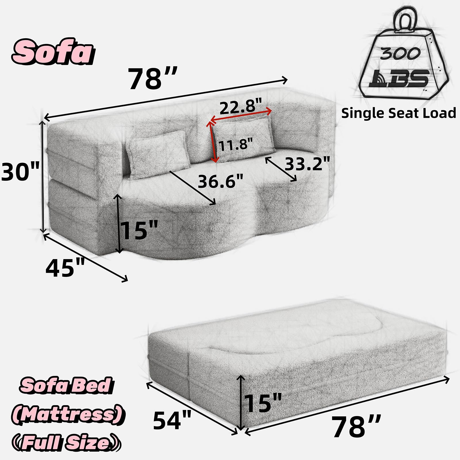 Luoyisimall Folding Modular Floor Love Seat Couch Convertible 78" Full Size Mattress，Modern Teddy Fabric Foam Filled Sleeper Sofa Bed with 2 Pillows for Living Room, Guest Room, Apartment (Beige)