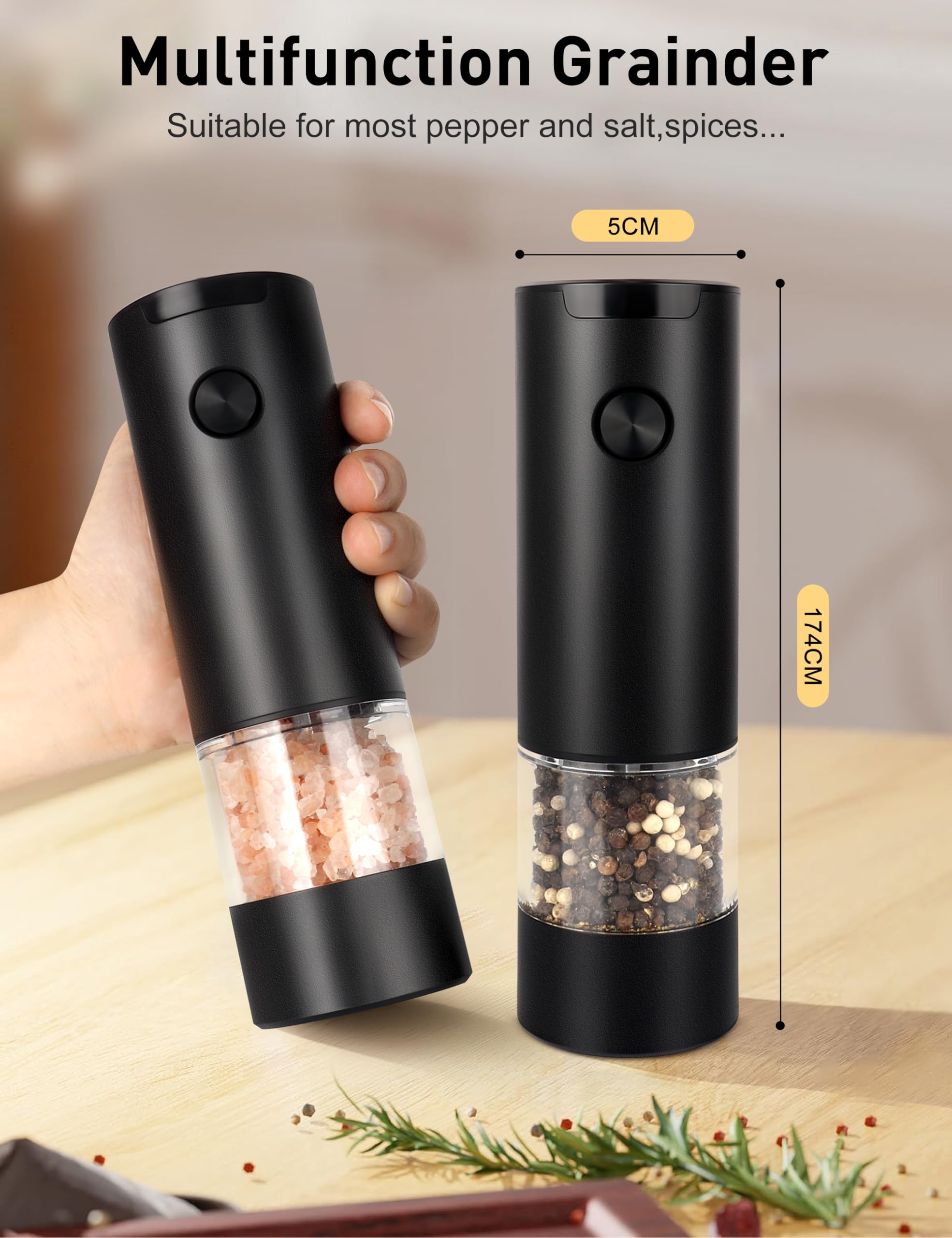 Electric Pepper Grinder or Salt Mill, Battery Powered Automatic Pepper Mill, Ceramic Grinder with Adjustable Coarseness, LED Light, and Salt Mill Refillable, One Hand Operation