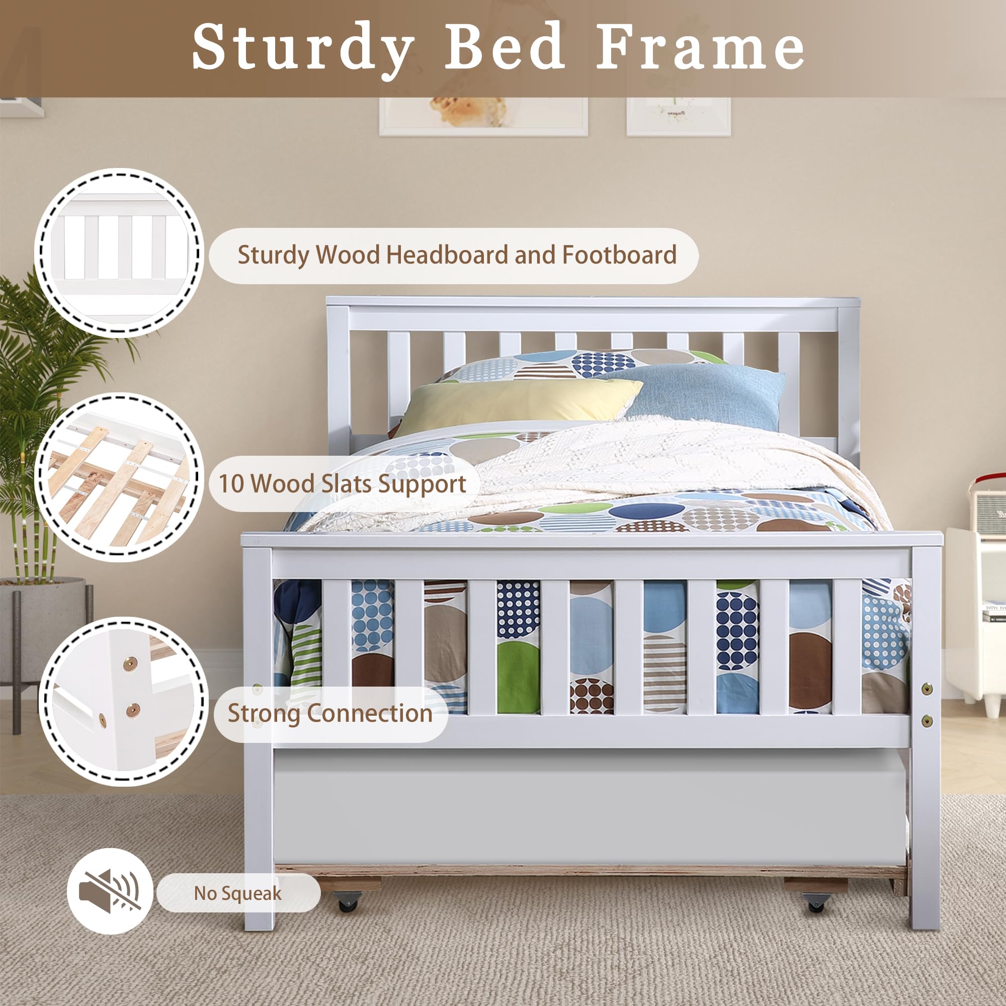 Twin Bed with Pull out Trundle, Modern Pine Wood Platform Bed with Headboard and Footboard, Trundle Bed Frame for Bedroom, Small Living Space, Boys, Girls, Adults, No Box Spring Needed, White