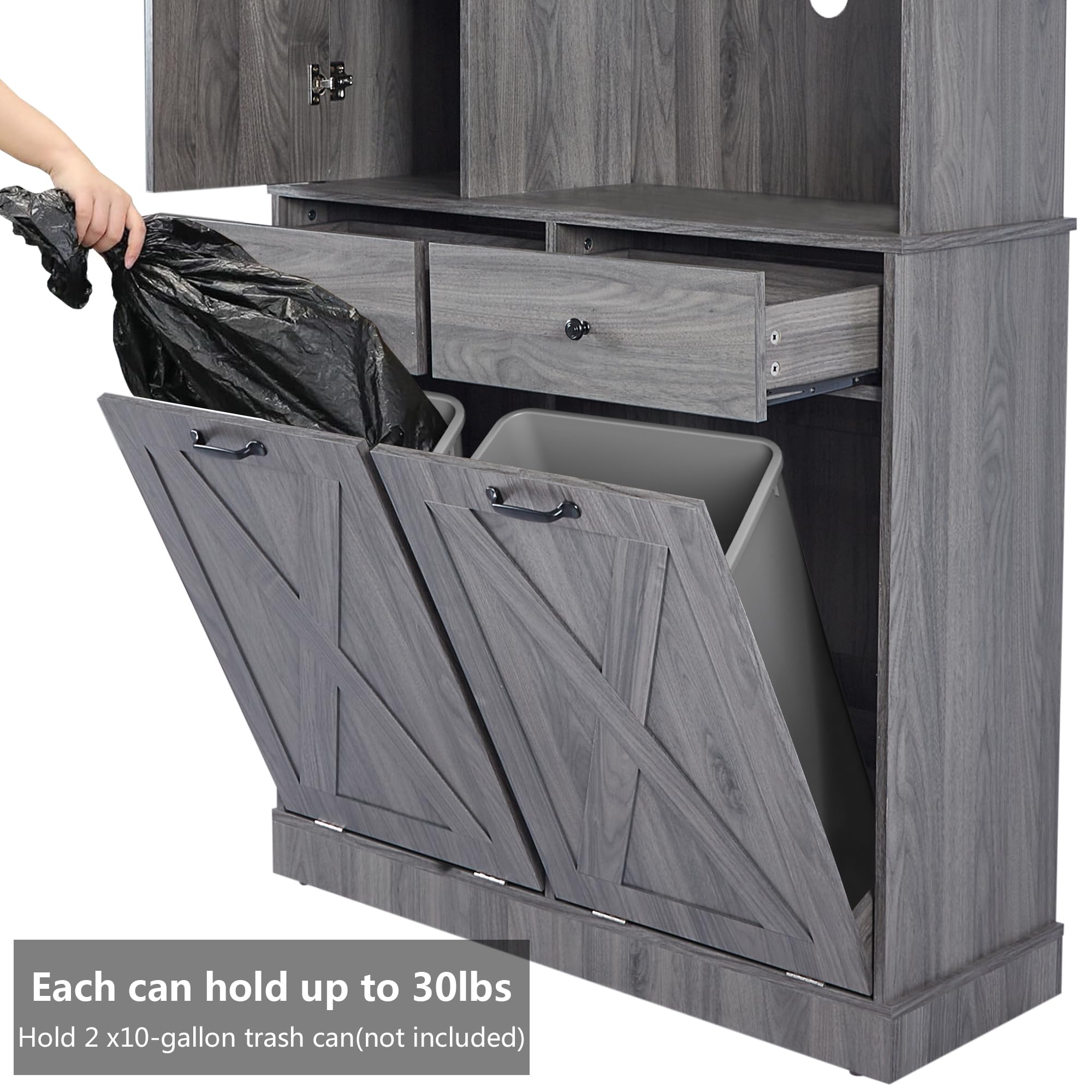 Bocarali Double Tilt Out Trash Cabinet, 20 Gallon Wood Free Standing Storage Cabinet with Drawers Shelves Wine Rack, Kitchen Garbage Can Recycling Bin Cabinet for Farmhouse Kitchen Living Room, Gray