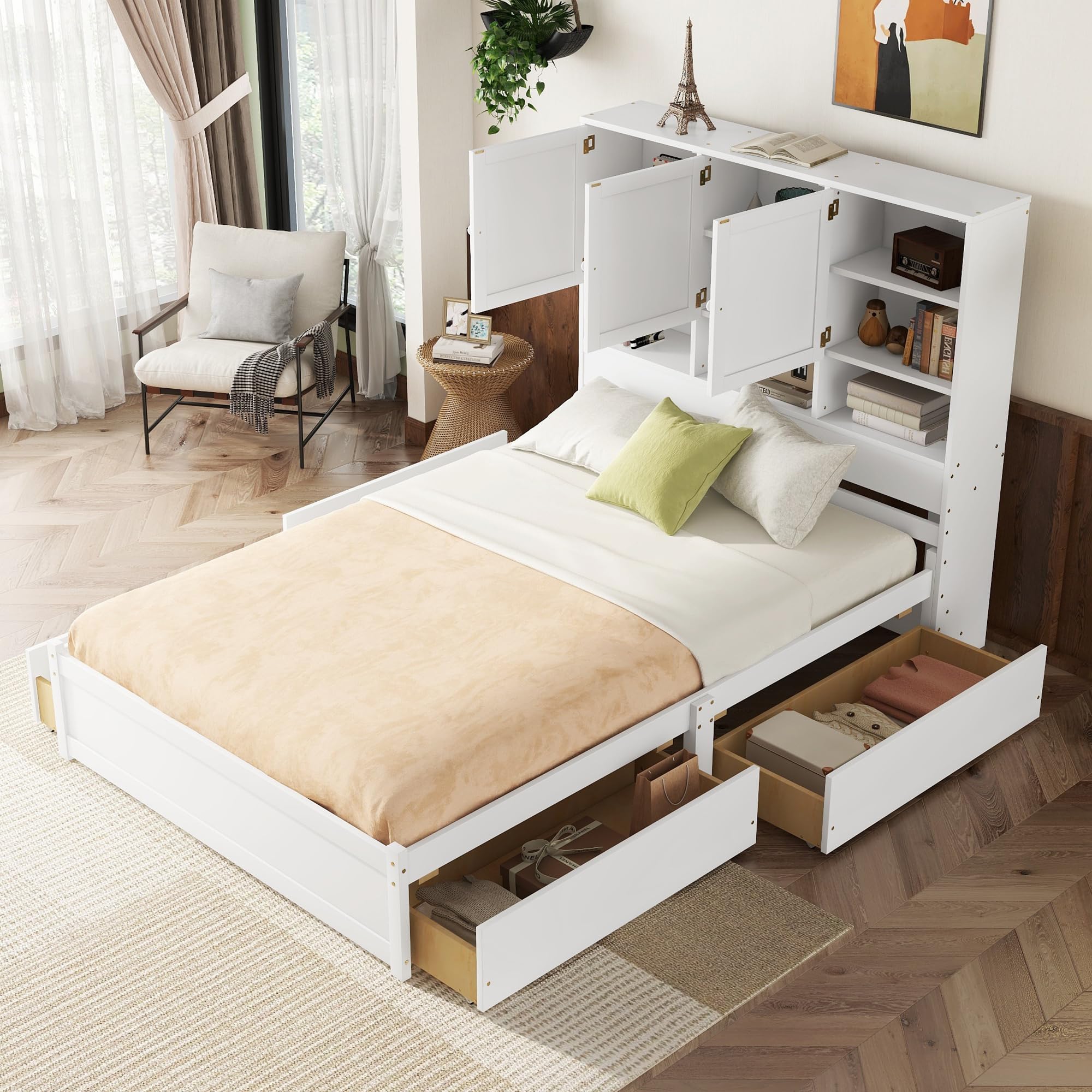 GM Ultra Queen Size Bed Frame with Storage Headboard, Bed Frame Queen Size with 4 Storage Drawers Cabinet, Platform Bed Frame Queen Size with Cabinet, No Box Spring Needed, Easy Assembly, White