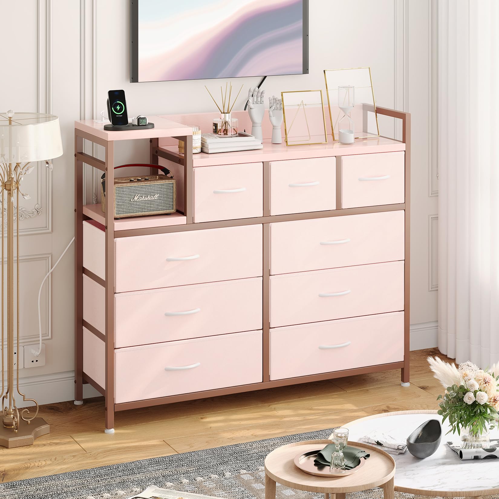 GarveeHome Dresser for Bedroom with 9 Drawer, Tv Stand with Charging Station, Fabric Chest of Drawers for Bedroom Dresser for Modern Design, Pink