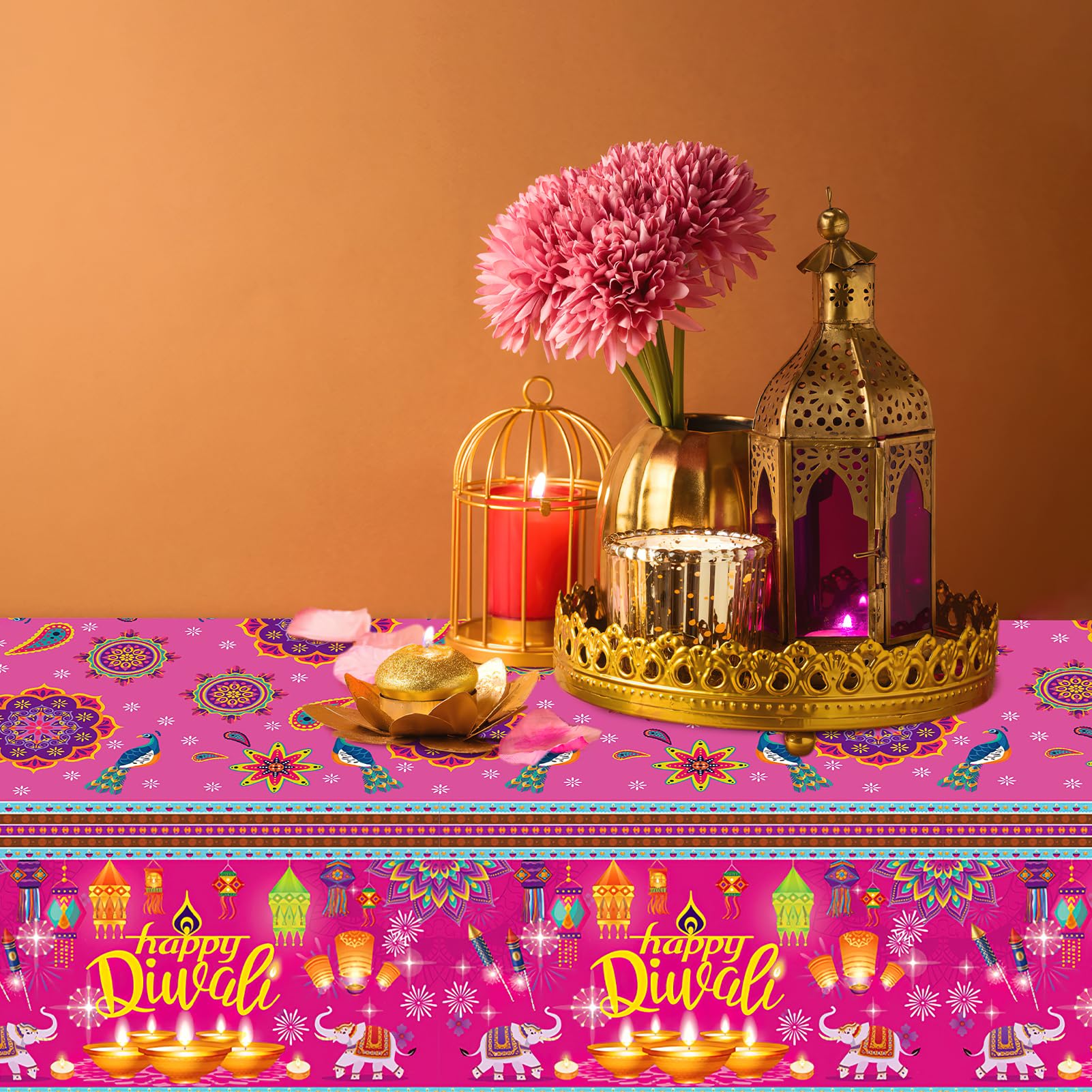 HOWAF 3 Pack Happy Diwali Tablecloth Diwali Diyas Party Table Cloth Festival of Lights Plastic Table Cover Waterproof PVC Disposable Tablecloths for Indian Deepavali Favor Decorations, 51x86 inch