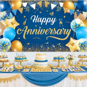 Blue Happy Anniversary Decorations Banner | Navy Blue Gold Happy Anniversary Backdrop | Happy Anniversary Sign for Women Men Wedding Anniversary Decorations Party Poster Supplies Decor 72.8x43.3 Inch