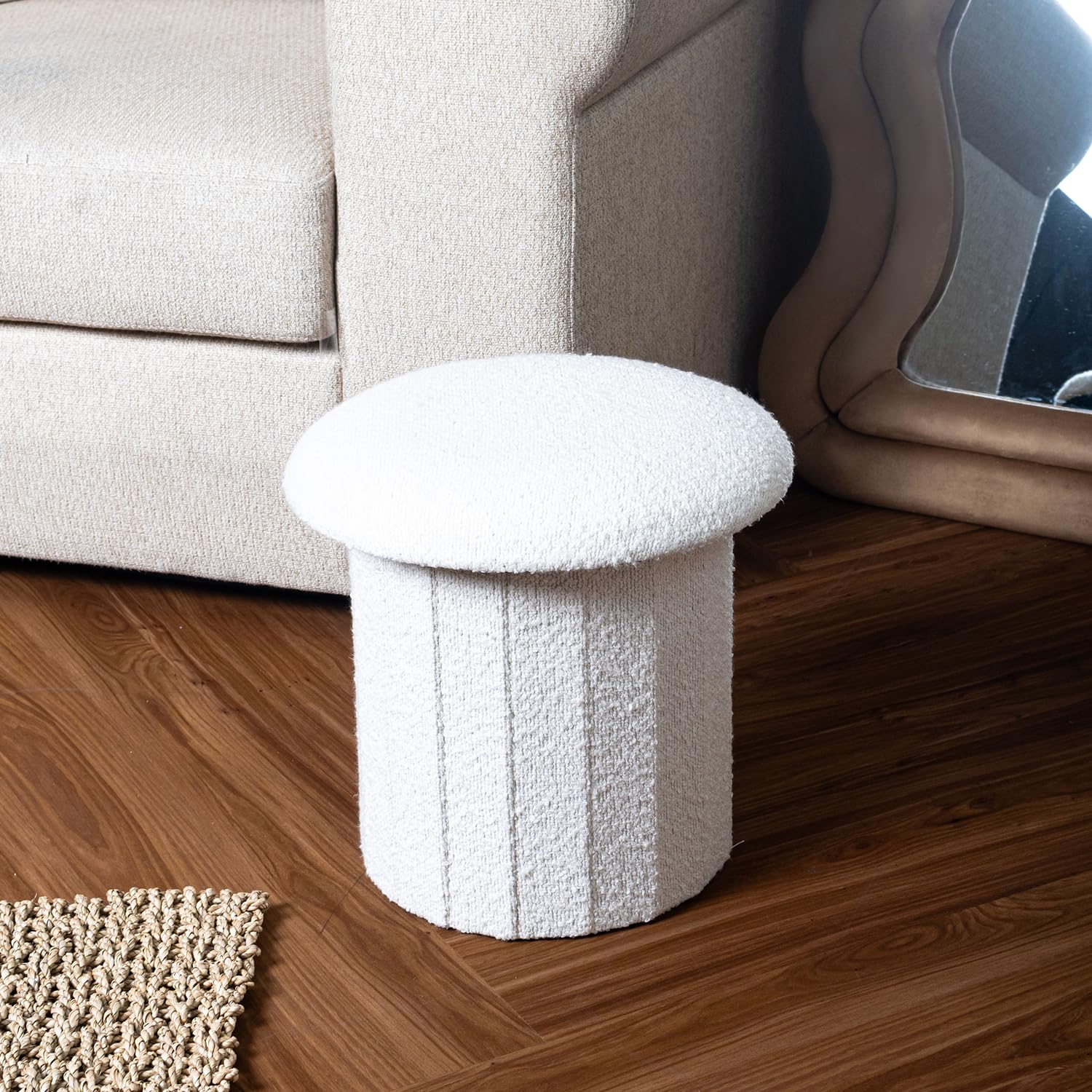 White Mushroom Boucle Stool Small Ottoman - 13 Inch Heighted Dual Functionality with Hidden Storage - Foldable Cute Mushroom Stool - Perfect for Interior Designing - Ideal Decor Piece for Room