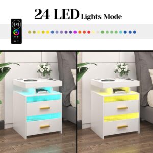 Nightstand with Charging Station, Modern Night Stand with 2 Drawers, Bedside Table with 24 Colors LED Lights and Human Sensor for Bedroom/Livingroom(White)