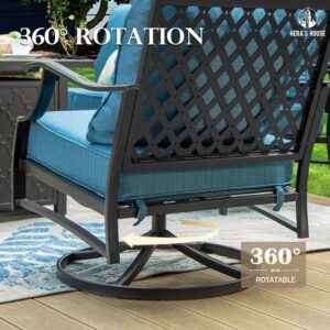 HERA'S HOUSE 6 Pieces Patio Furniture Set with Fire Pit Table, 2 x Swivel Chair, 2 x Ottoman, 3-Seat Sofa with 45" Fire Pit Table, Outdoor Conversation Set for Garden Poolside Backyard, Pacific Blue